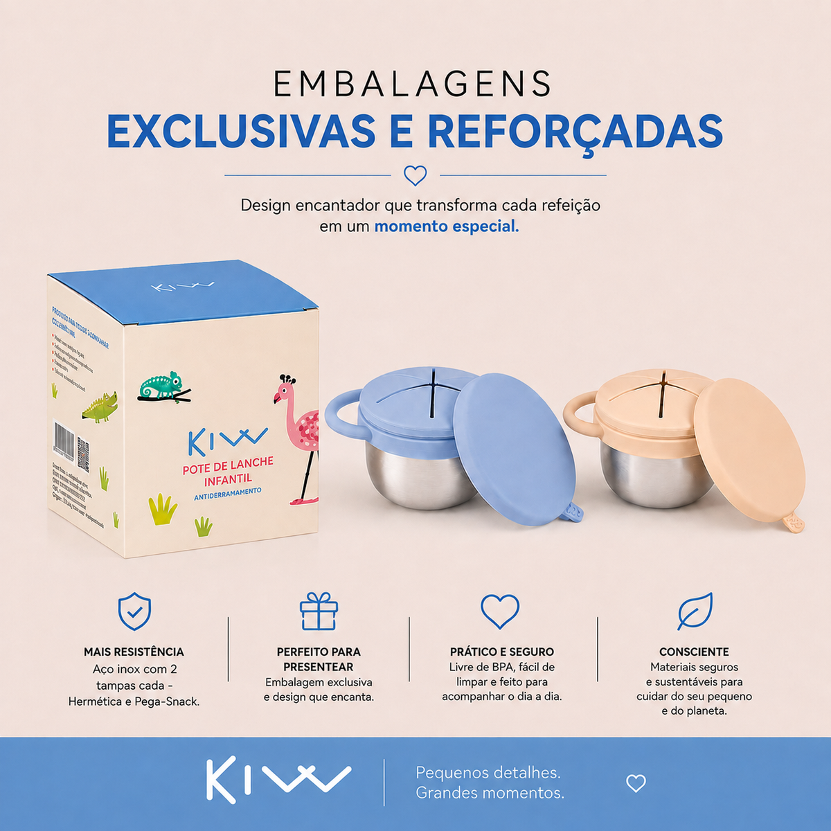 Kit de Potes Infantis Kivv azul e bege — embalagem exclusiva