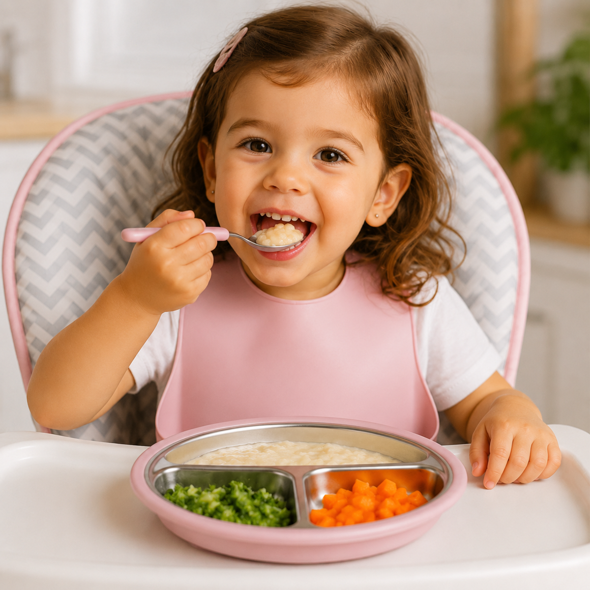 Criança usando o Prato Infantil Kivv rosa